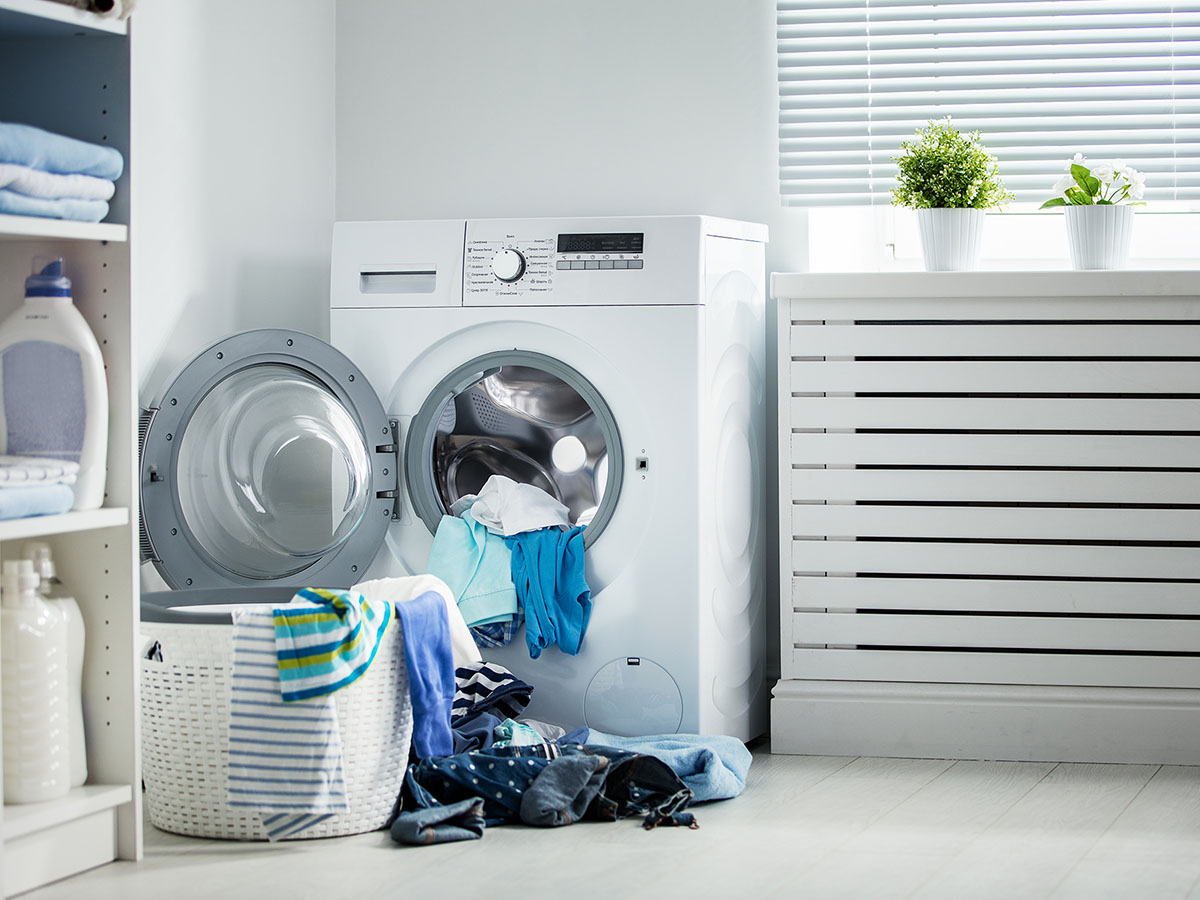 Washing machine with clothes in it